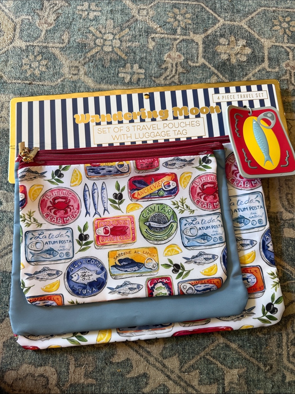 Wandering Moon Travel Pouch Set – Blue & Multicolor Seafood Can Print
